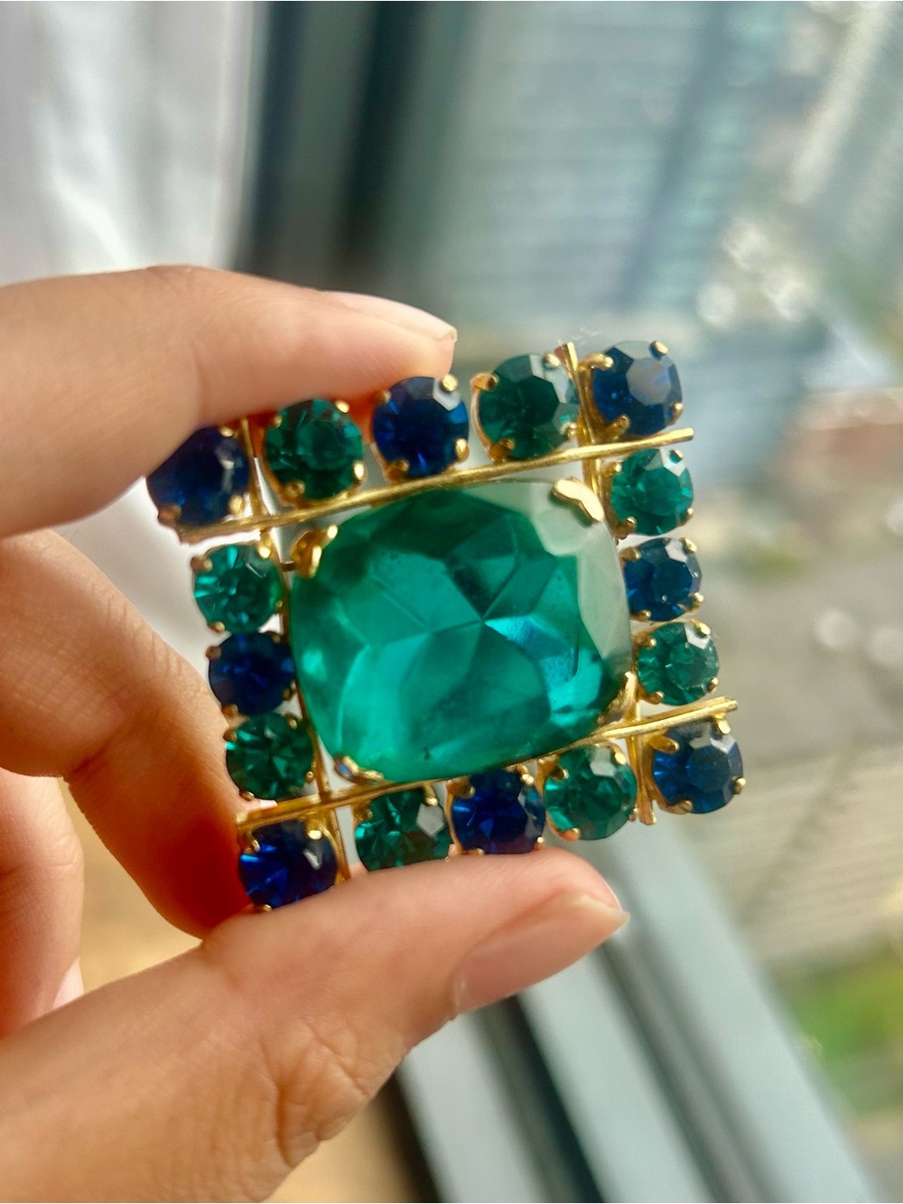 Vintage Blue Glass/Crystal Square Statement Brooch